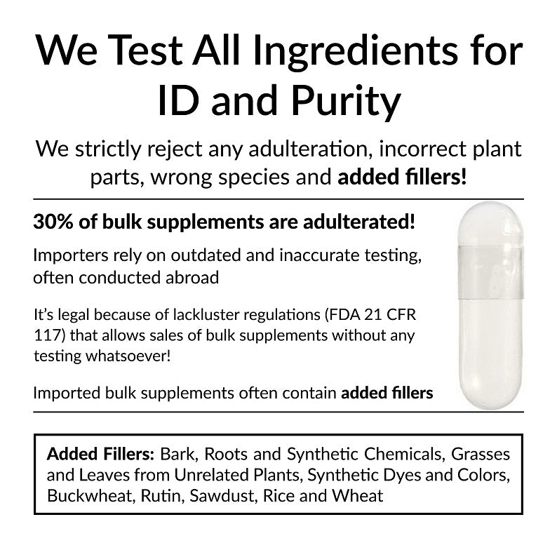 Dr. Clark Store only uses verified ingredients. All ingredients are tested for identity and purity. We never use adulterated ingredients. 