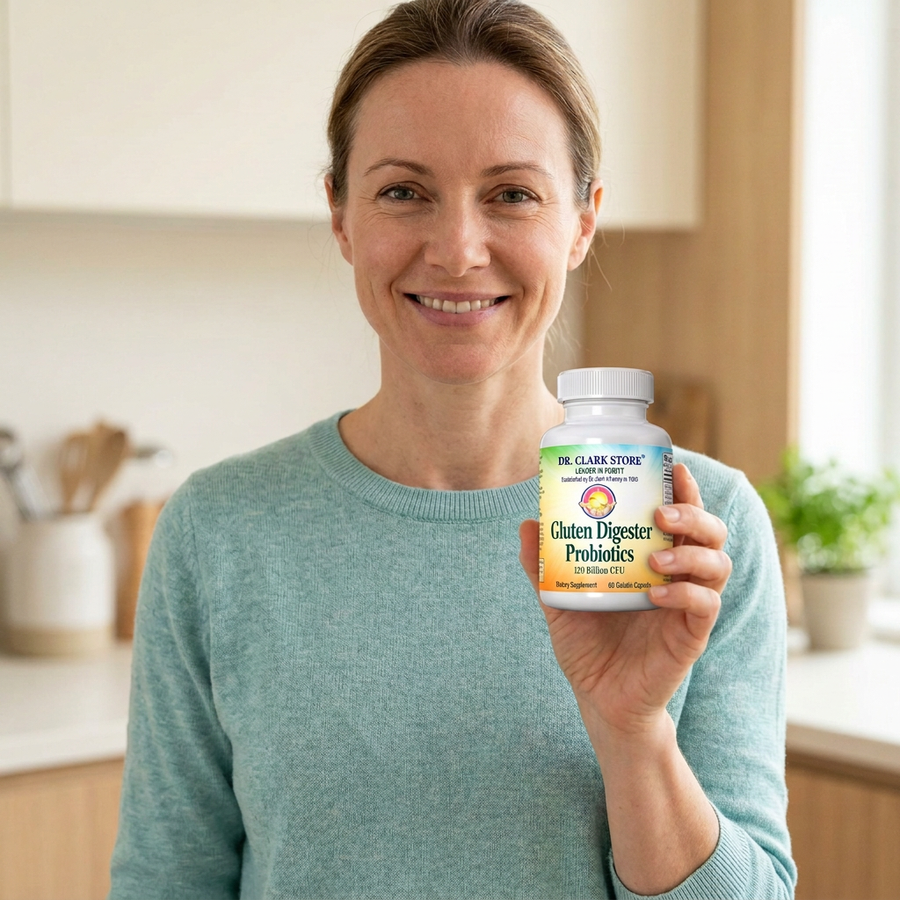 Corrected woman holding product image
