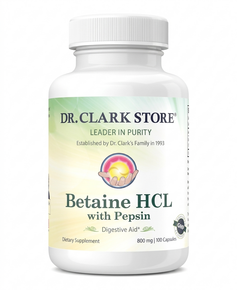 Front view of Dr. Clark Store betaine hydrochloride with pepsin dietary supplement.