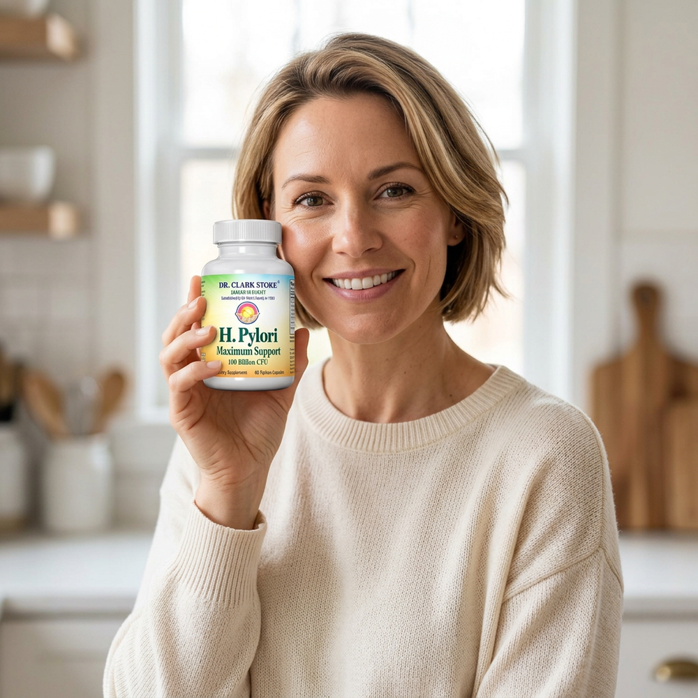 Lifestyle portrait holding Dr. Clark Store probiotics