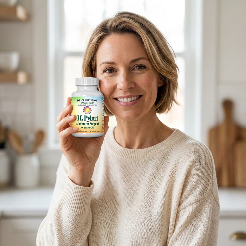 Lifestyle portrait holding Dr. Clark Store probiotics