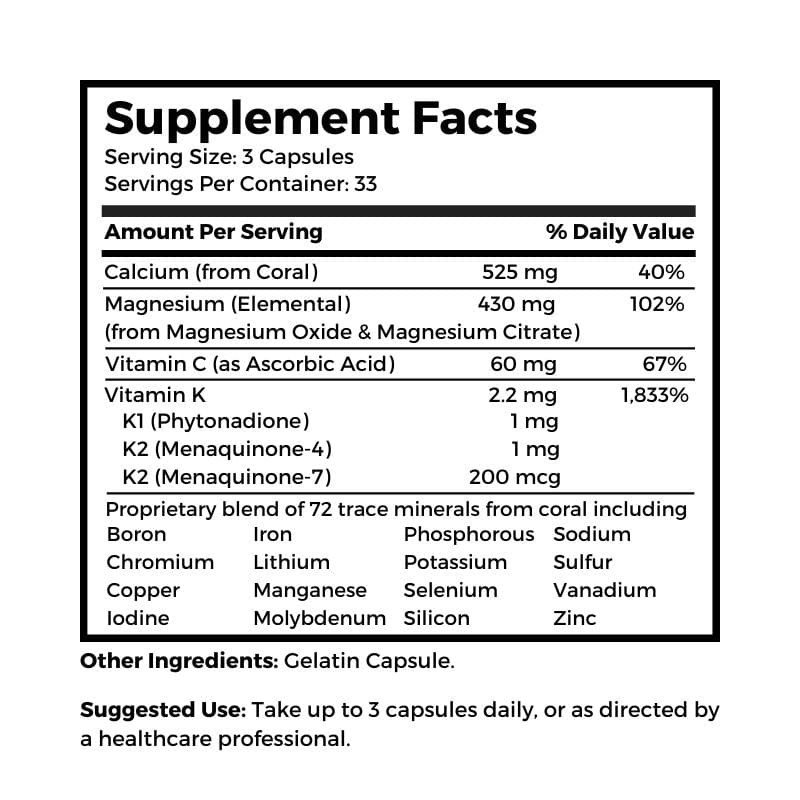 Dr. Clark Store Coral Cal Mag with K2 supplement facts