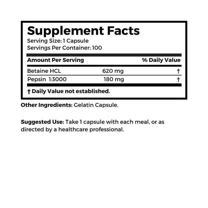Dr. Clark Store Betaine HCL with Pepsin supplement facts