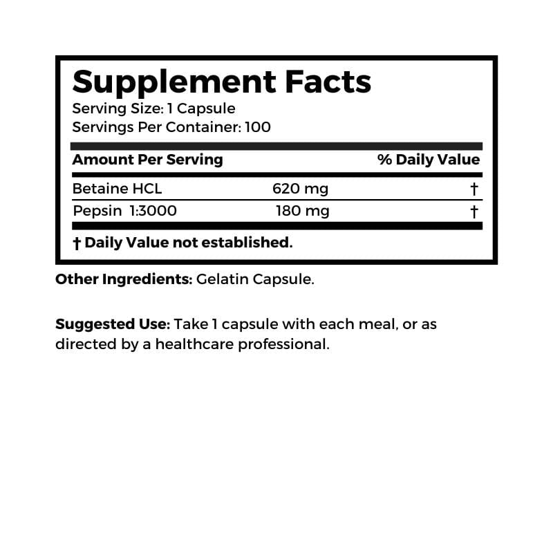 Dr. Clark Store Betaine HCL with Pepsin supplement facts