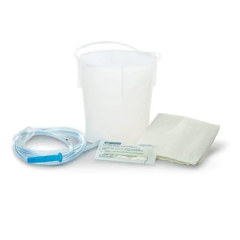 A complete 1.5 liter enema bucket set laid out neatly.