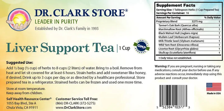 Dr. Clark Store Liver Support Tea, supplement facts and tea preparation instructions