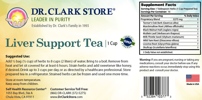 Dr. Clark Store Liver Support Tea, supplement facts and tea preparation instructions