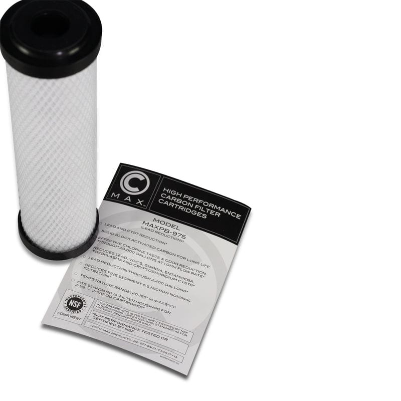 Pre-packed solid block activated carbon filter cartridge with product specification sheet.
