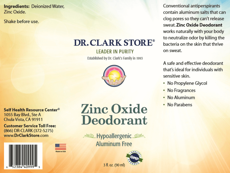 Dr. Clark Store Roll-On Zinc Oxide Deodorant (3 fl oz), product label